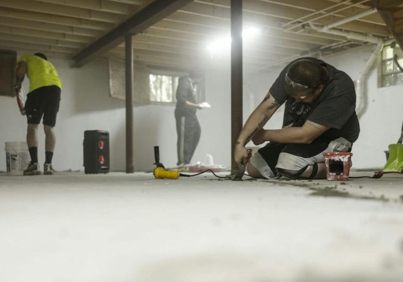 basement renovation experts fixing uneven floor and waterproofing