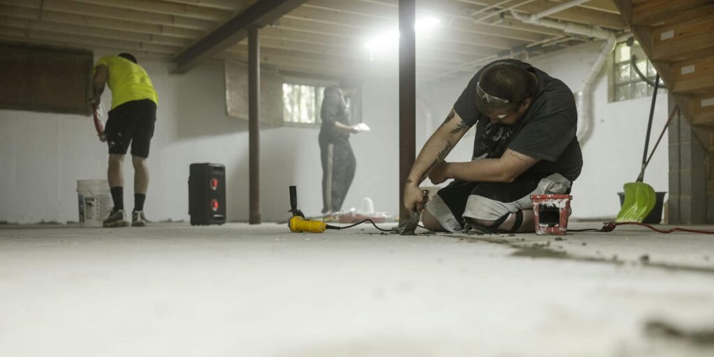 basement renovation experts fixing uneven floor and waterproofing